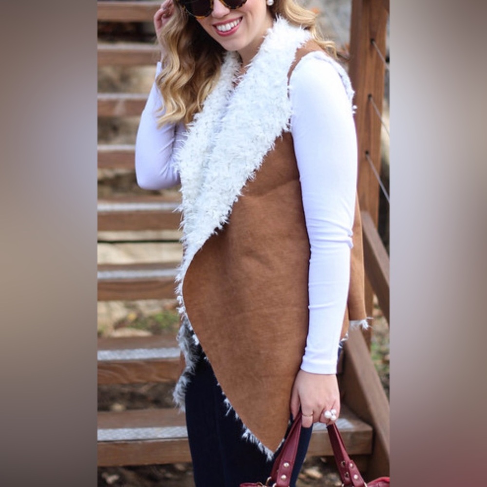 Elevenses Anthropologie Faux Suede Sherpa Lined Draped Open Front Vest size L - Picture 2 of 7